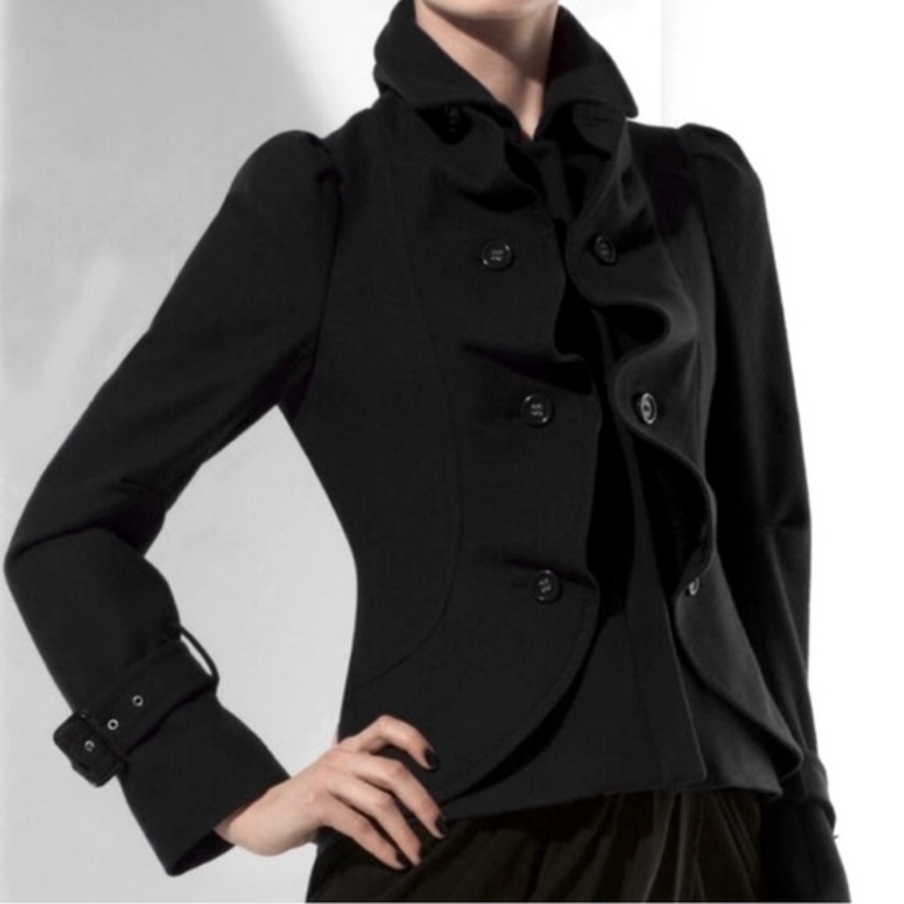 BCBG Max Azria Wool/ Poly/Cashmere Coat Ruffle Jacket w Button Detail; Size M/L
